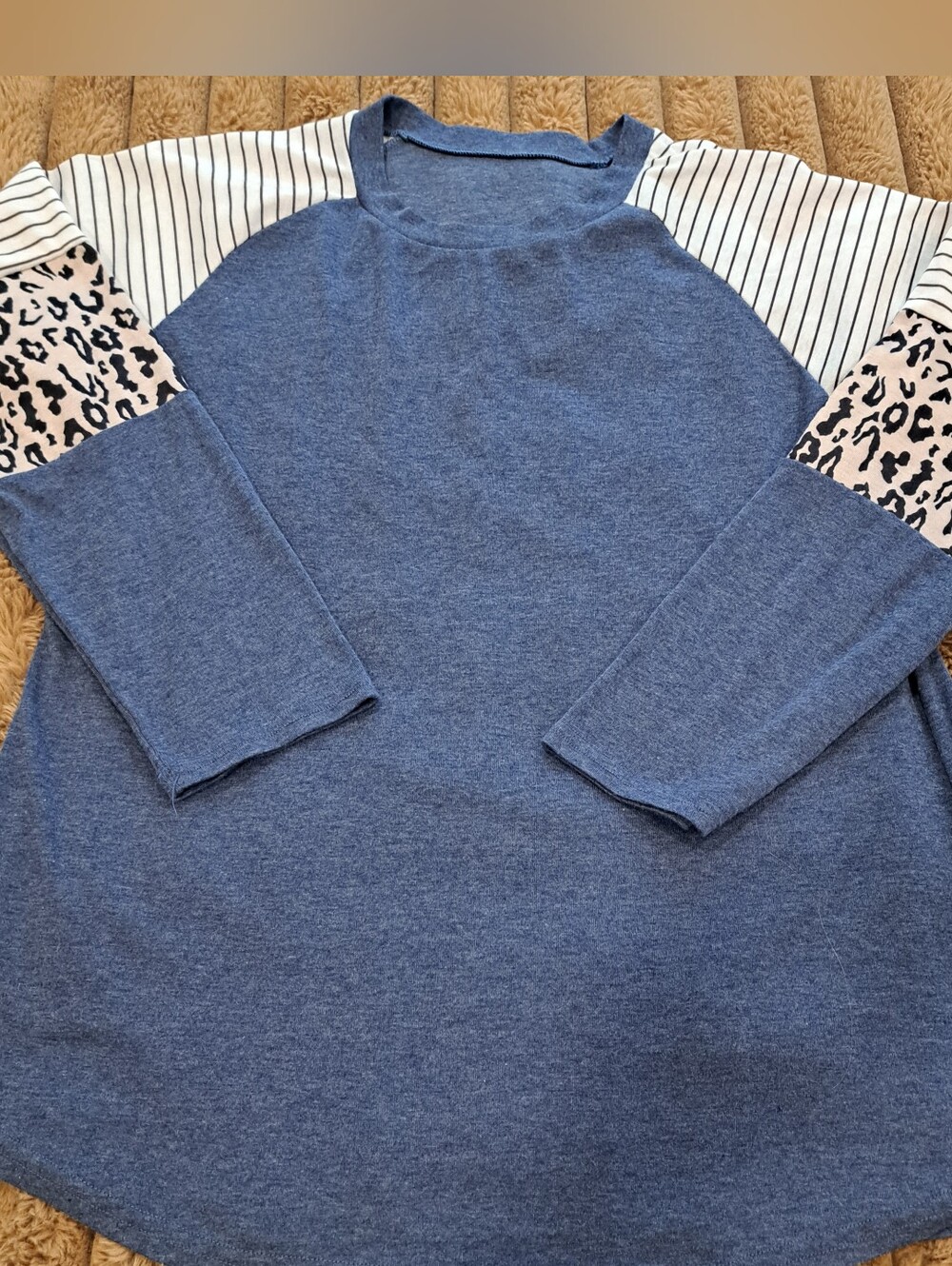Long Sleeve Top Size Large Blue Pinstripes & Leopard Print Loose Fit Tunic
